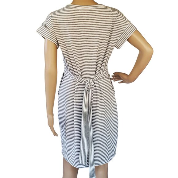 Fashion Sheath Dress Gray & White Striped Soft Casual T Shirt Tie Back Pockets - Picture 3 of 11